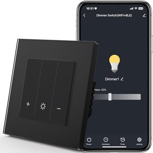 MVAVA Alexa Light Switch, WiFi Dimmer Switch Compatible with Alexa/Google Home, Glass Light Switch, Flush-Mounted, Works with Tuya/Smart Life App, Neutral Line Requires 1 Gang 1 Way, Black