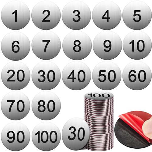 Yaocom 100 Pieces 1-1/2 Inch Metal Round Aluminum Numbered Locker Labels Small Stickers for Door, House Number Plate with Self Adhesive Tape for Door, House