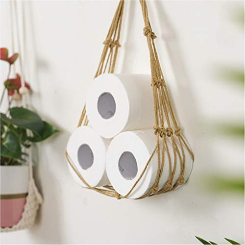 Yolispa Rangement de rouleau de papier toilette, corde de coton tissée à suspendre, sac en filet de coton bohème fait à la main, porte-rouleau de papier pour maison, chambre à coucher, salle de bain