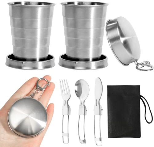 KUHAWL 2 Stück Edelstahl Faltbecher, 75ml Becher Faltbar Edelstahl, Camping Becher Faltbar Outdoor Teleskop Klappbecher mit Faltbares Geschirr Tragbar Klappbecher für Reise Picknick Wandern