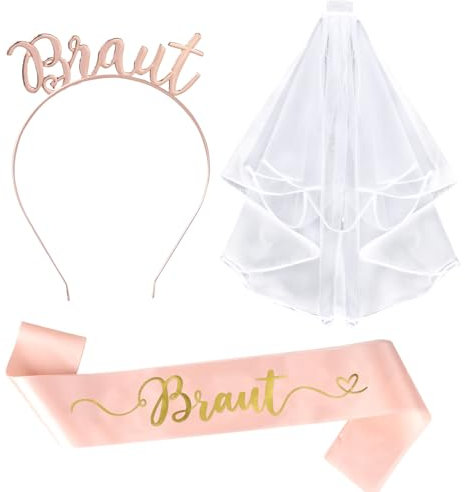 BETESSIN JGA Accessoires Frauen Rosegold - Braut Haarreif mit Schärpe und Brautschleier - JGA Deko für Junggesellenabschied Frauen, Brautaccessoires zur Hochzeit