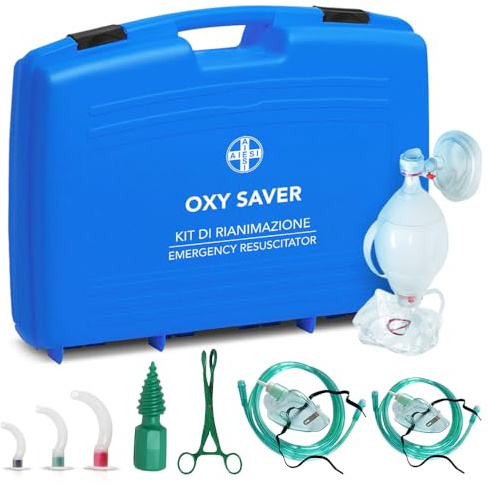 AIESI® Kit de Primeros Auxilios manual con balón autoexpandible, cánulas de Guedel y accesorios, sin bombona de oxígeno OXY SAVER, Made in Italy