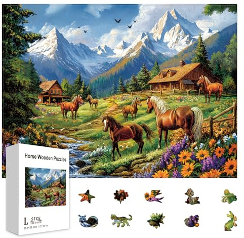 GLOBLELAND Holzpuzzle Erwachsene 300 Teile Holzpuzzles Landschaft Blumen Pferd Wooden Puzzle Unregelmäßige Einzigartige Puzzle für Erwachsene Kreatives Weihnachten Geschenke 11.22x15.16 Zoll