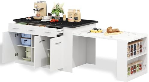Azkoeesy Küchenschrank mit ausziehbarem Esstisch 150 bis 246 cm, Küchenbuffet, Kücheninsel, mit 6 Schubladen & 3 Türen, offener Stauraum und Seitenregale, weiß mit schwarzer Platte, für Esszimmer