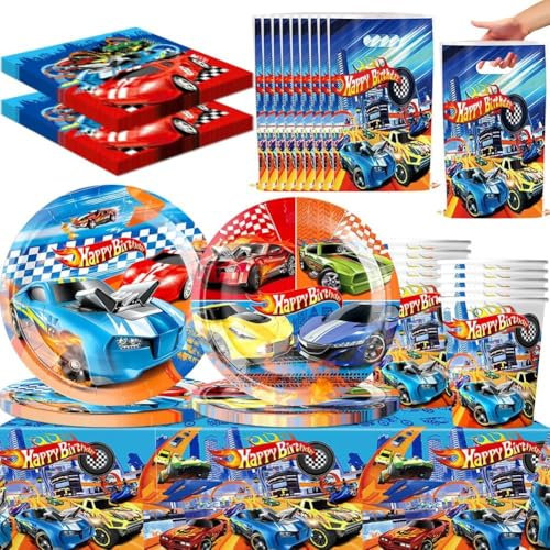 Kit Vaisselle Anniversaire Cars, 61 Pièces Décoration de Fête d'anniversaire pour avec Voiture de Course, Set de Vaisselle pour Fête d'anniversaire, Nappe, Assiettes, Gobelets, Serviettes - 20 Personn