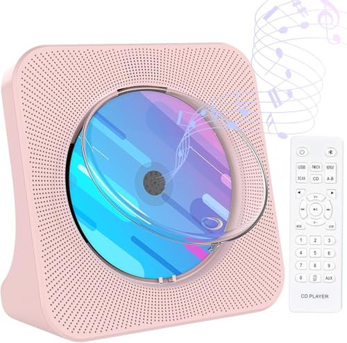 Gueray Lecteur CD Bluetooth avec Haut-Parleur Lecteur CD de Bureau Baladeur CD Lecteurs de CD avec Couvercle Anti-poussière et télécommande et Radio FM Prise USB et AUX 3,5 mm Rose