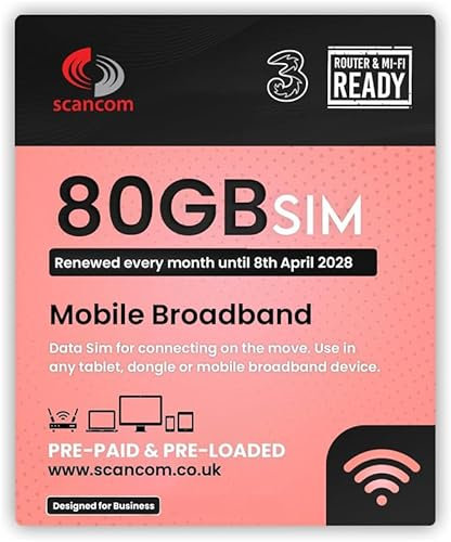 Three 80GB Data SIM – Uncapped 5G Speeds – Preloaded EVERY MONTH Until 8th APRIL 2028 – No Contract – Plug & Play for Business Broadband, Routers & Phones