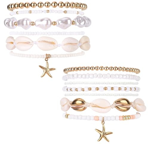 13 St Set mit Sommer-Strandarmbändern, 2 Stile stapelbare Muschelarmbänder und Böhmischer Perlenschmuck Elastischer Seestern-Charm-Schmuck als Geschenk für Frauen im Urlaub Sommer Strandparty