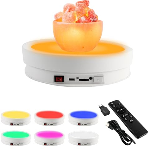 Plateau tournant électrique à 360° pour photographie, plateau tournant électrique avec télécommande et lumière LED 6 couleurs, charge de 20 kg, plateau tournant pour photo en verre et cristal (blanc)