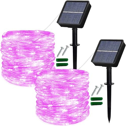 Lezonic 2Pack Solar String Lights,Each 12M/40ft 120LED Solar Garden Lights | 8 Lighting Modes Waterproof Fairy Lights, Outdoor/Indoor Decorative Lighting for Gazebo Patio Party Weeding Festival (Pink)