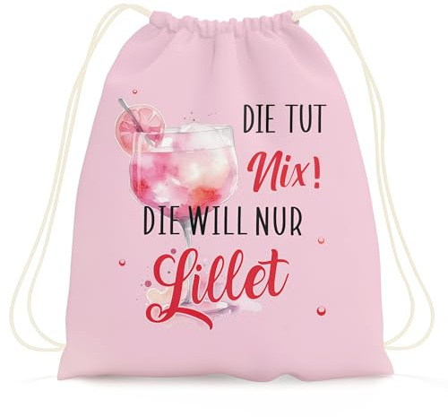 Lillet Geschenkset Rucksackbeutel für Frauen mit Spruch Die TUT nix die Will nur Lillet Kordelzug Tasche für Festival Geburtstag JGA Reise Party Accessoire Wildberry Lillet Geschenkidee