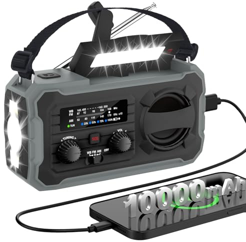 FIVAVA Kurbelradio, Tragbares Solarradio mit AM/FM, 10000mAh Powerbank, Notfallradio mit SOS-Alarm, LED-Taschenlampe, Kurbelgenerator & USB-Anschluss für Camping, Ourdoor, Notfall (Schwarz)