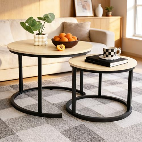 Fanerody Beistelltisch Set Rund, Moderne Couchtisch 2er Set, Kaffeetische aus Holz mit Schwarz Metallrahmen, Living Room Table, Wohnzimmertisch für Sofa Bereich, Balkon, Beige