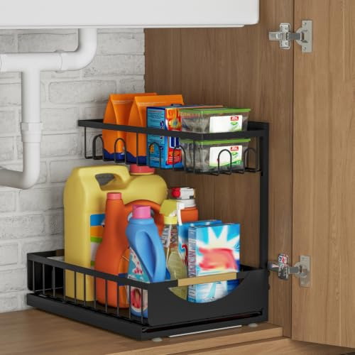 Fantasnight Under Sink Hanging Storage Organiser 2 Tier Black 1 Pack | Cupboard Metal Kitchen Undersink Organisation for