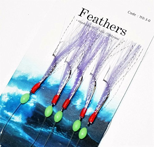 FLADEN Fishing - Single Packs of White Lightening 5 Hooks Purple Sea Feathers Fishing Lure Rigs - Hook Size 3/0 - Excellent Deep Sea Rig for Mackerel and Cod [17-110-3/0]