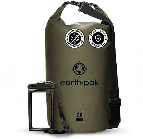 Earth Pak – Wasserdichter Packsack mit Schultergurt und wasserfester Handyhülle – Ideale Rolltop Tasche beim Kajak Fahren, Wandern, Camping, Angeln, Bootfahren und Rafting (Waldgrün, 30L)