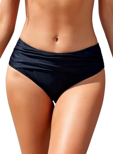 SHEKINI Frauen Ruched Bikinihosen Mittelhohe Badehose Verstecken Bauch Briefs Hipster Damen Klassisch Mäßige Abdeckung Badehose Shorts (Large, Schwarz)