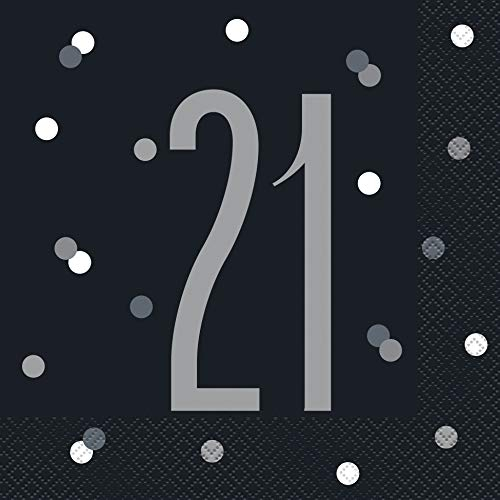 Papierservietten - Zahl 21 - 16,5 cm - Glitzer Schwarz & Silber Geburtstag - 16er-Packung