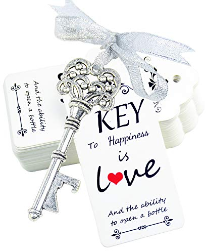 Aokbean 52pcs Antique Rustic Vintage Skeleton Key Bottle Opener Wedding Favor Guest Souvenir Gift Set with Escort Thank You Card and Ribbon (Antique Silver)