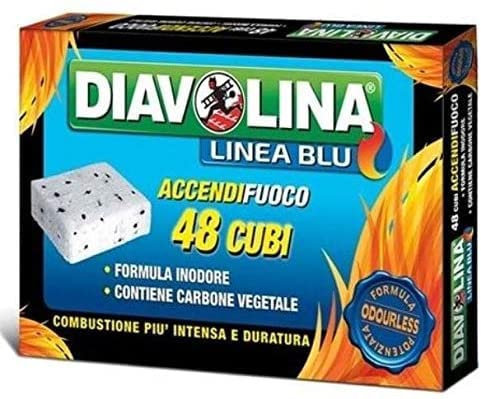DIAVOLINA 12 Confezioni da 48 CUBETTI [ 576 CUBI Linea Blu ACCENDIFUOCO INODORE Carbone VEGETALE