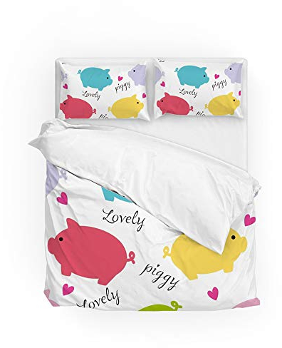 MyDaily Buntes Schweinchen-Bettwäsche-Set, 3-teilig, Mikrofaser, Polyester, Kissenbezüge, Steppbettwäsche, Super-King-Size-Bett