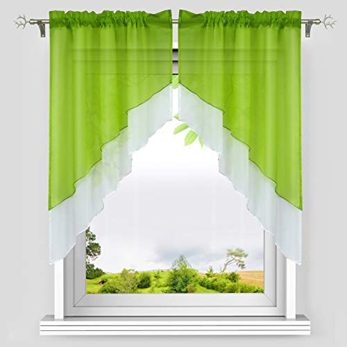 HeichkelL Voile Scheibengardine Bogen Set 2-Teilige Kleinfenster Vorhang Tunnelzug Kurzstores Doppelschichtige Küchengardinen Grün BxH 120x125 cm (Jedes Stück)