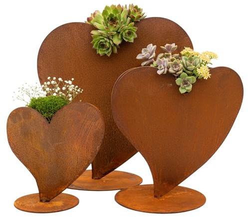 Rostikal Pflanzherz Set aus Edelrost – 3 Metallherzen aus Cortenstahl in Rostoptik, wetterfeste Gartendekoration mit Bodenplatte für Garten & Wohnbereich