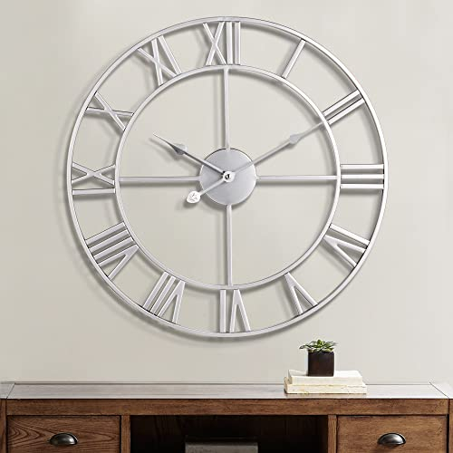Maxstar Moderne römische Ziffern große Wanduhren,Vintage,Leichtes Tickende Runde Metall stille Wanduhr für Wohnzimmer,Küche,Schlafzimmer,Garten Dekor-Silber 47cm