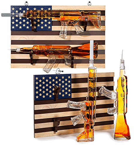 2 Gun Whiskey Decanters Set AR15 and AK47 Gun Decanter 1000ml American Flag Wall Rack by The Wine Savant - Veteran Gifts, Gun Lover Gifts, Tik Tok Gun Decanter, Military Gifts