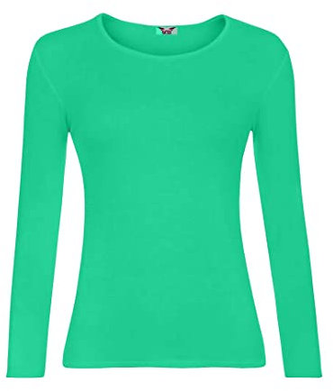 KATSSI Women’s Ladies Long Sleeve Stretch Plain Round Scoop Neck T Shirt Top ML Jade Green