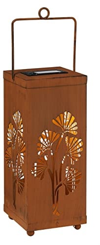 LED Solar Schatten Laterne Rost Optik - 27 x 11 cm - Gartenleuchte aus Metall mit Ginko Motiv - Tisch Lampe Garten Leuchte zum Hängen