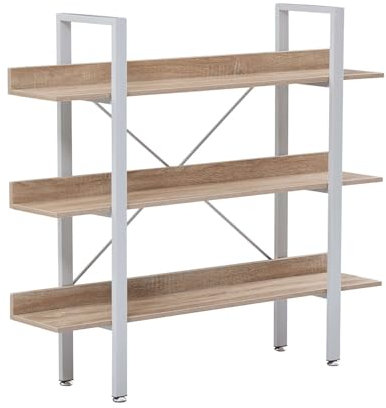 Home Source Urban 3 Tier Wide Bookcase Display Rack Ladder Storage, Metal Frame, Oak Effect, Grey