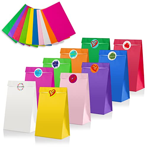 Leenou Papiertüten, 40 Stück Bunte Geschenktüten mit 96 Aufkleber Candy Tüten zum Verpacken Geschenken Geburtstag Kindergeburtstag Hochzeit Party Tüten Geschenktaschen
