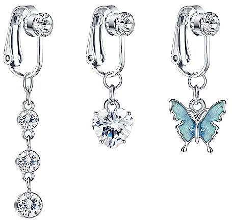 CASSIECA 3 Stück Fake Bauchnabelpiercing für Damen Frauen Bauchnabelpiercing Silber Bauchnabelpiercing Schmetterling Herz Mond Clip On Bauchnabelpiercing