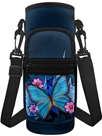 chaqlin Blue Butterfly Water Bottle Carrier Bags for Women Girls Cute Sports Bottle Bag with Adjustable Strap and Pocket,Butterfly Insulated Crossbody Water Bottle Holder