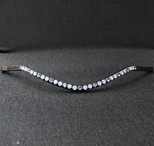 GlücksHucke Pferde Stirnriemen Blau 'Blue Opal' Slim Wave mit Glitzer Steinen in Hellblau, Einfassung in Roségold, Made in Germany (WB XL, Lederfarbe Schwarz)