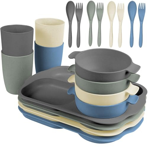 shopwithgreen Wheat Straw Dinnerware Cutlery Set, 20 PCS Kids Toddlers Divided Plates and Bowls Sets, Microwave Unbreakable Tableware Spoon Knife Cup, Dishwasher Safe for Kitchen Picnic School