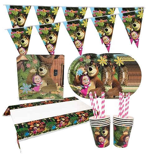 Mascha und der Bär Partygeschirr Set, 52 Stück Mascha Party Set Papier Teller Tischdecke Becher Servietten Strohhalme Banner, Mascha und der Bär Geburtstag Party Geschirr für 10 Gäste