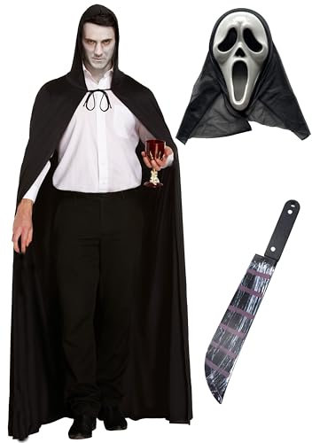 labreeze Long Black Cape with Hood Bleeding Scream Mask Fake Blooded Machete Prop Halloween Scary Ghost Fancy Dress Costume