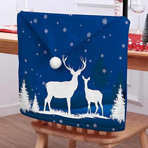 Morbuy Weihnachten Stuhlhussen 2-8er Set Nikolausmütze Esstisch Stühlen Set, Weihnachtsdeko Stuhlhussen Hussen für Esszimmerstühle, Weihnachtsfeier (4er Set,Blau Hirsch)