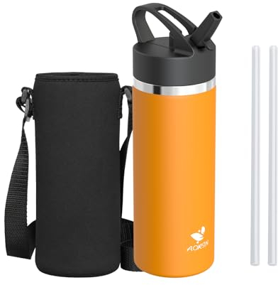 AORIN Trinkflasche Edelstahl, 500ml Auslaufsichere Wasserflasche mit Strohhalm, BPA-Frei Trinkflasche Kinder, Vakuumisolierte Thermoskanne für Sport, Schule, Fitness, Outdoor