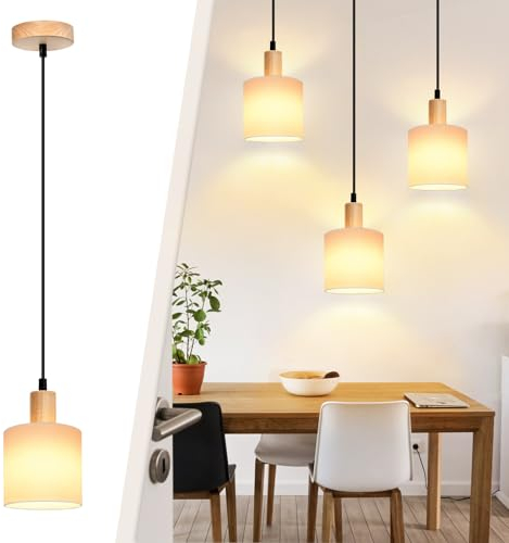 Glitzerlife Pendelleuchte 1 Flammig 3ER Esszimmerlampe - Holz Stoffschrim Hängeleuchte E14 Esstischlampe Vintage Hängelampe Küche Pendellampe Flurlampe für Esstisch Wohnzimmer Restaurant Schlafzimmer