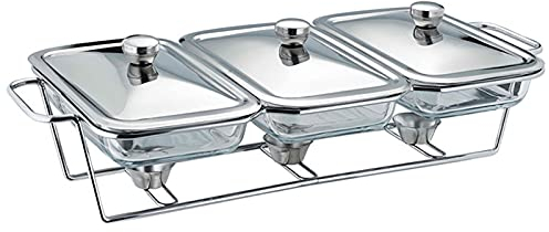 Buffet Chafing Dish Alcohol Stove, For Catering Party Wedding - 3 Sink Stainless Food Warmer, With Glass Tray - Rectangular Server Freshness