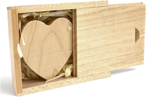 USB Stick Herz 32 GB USB 3.0 mit Geschenkbox, TATMOHIK Holz USB Stick Geschenk Flash Drive mit Holzbox für Fotoalbum Verlobung Liebe Hochzeit Geburtstag Datenspeicher Geschenkidee (Ahorn, 32GB)