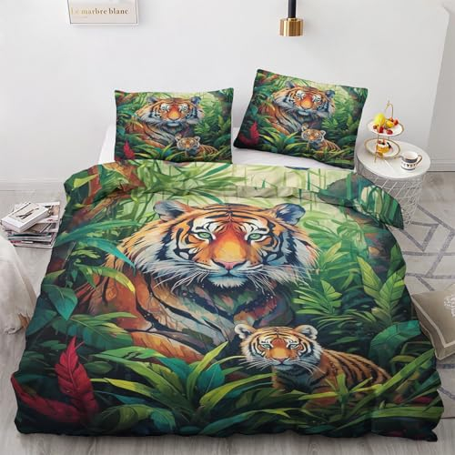 Tiger Bettwäsche 140x200 Sommer - Dschungel Tiere Bettbezug 140x200 3 Teilig, Weiche & Angenehme Mikrofaser Bettbezüge & 2 Kissenbezug 70x90, Bettwäsche-Sets mit Reißverschluss W&-177