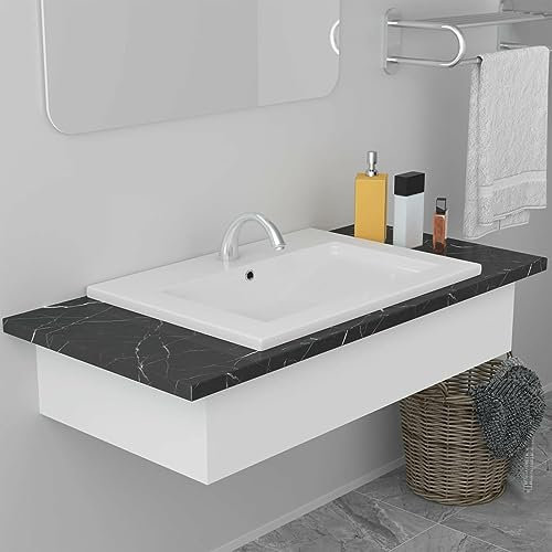 LAPOOH Einbauwaschbecken, Aufsatzwaschbecken, Bathroom Sink, Waschtisch, Ablaufgarnitur, Aufsatzbecken, 61x39,5x18,5 cm Keramik Weiß