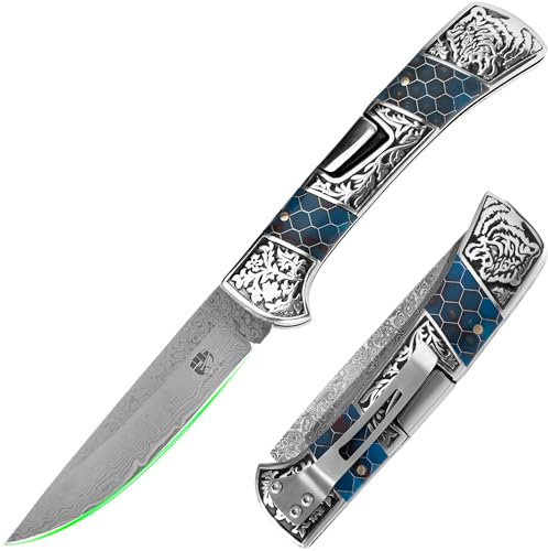 FULLHI 10cm Cuchillos plegables de caza de acero de Damasco fluorescente Resina Mango Cuchillo de bolsillo incluyen caja gif para Camping Senderismo Supervivencia,gif hombre,mujeres (Azul)