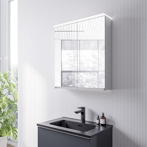 Bernstein LED-Spiegelschrank VARO 60cm – Waschtischbeleuchtung, Innenverspiegelung, Steckdose, Soft-Close-Funktion, Getönte Glaseinlegeböden, Wandmontage – Moderne Badezimmerbeleuchtung & Badspiegel