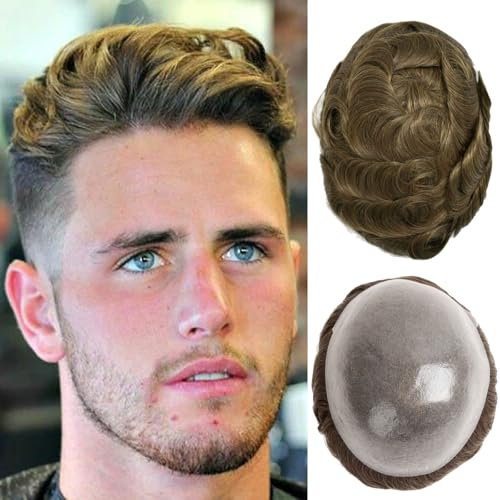 Ehairc Toupet für Männer 0.04-0.06mm Dünne Haut Doppelte Knoten Herren Toupet Langlebig 100% Human Hair System für Männer Perücke Basisgröße 8x10 Zoll 120% Dichte（7#）