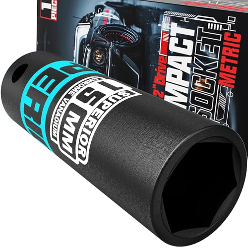 KIRXST 1/2 Drive 15mm Deep Impact Socket, 6 Point CR-V Deep Socket, 78mm Length, Auto Trucks Car Tires Repairing DIY Mechanic Tool